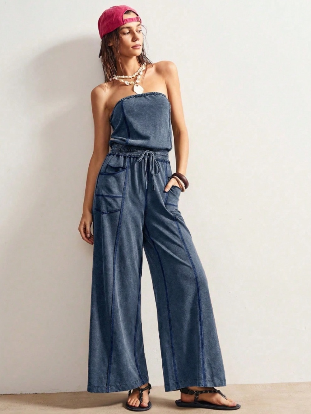 Cotton Blend Strapless Blue Boho Wide Leg Jumpsuit with Pockets - Picture 3 of 8